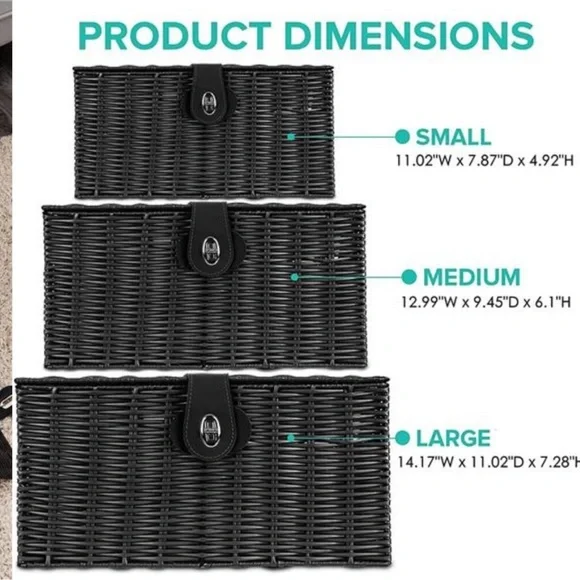 Set of 3 Woven Storage Basket Box Wicker Hamper Stackable Bin with Lid & Lock